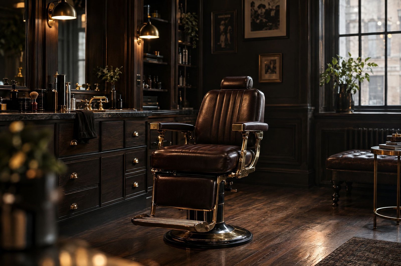 Leather barber chair in the warm, wood-paneled studio